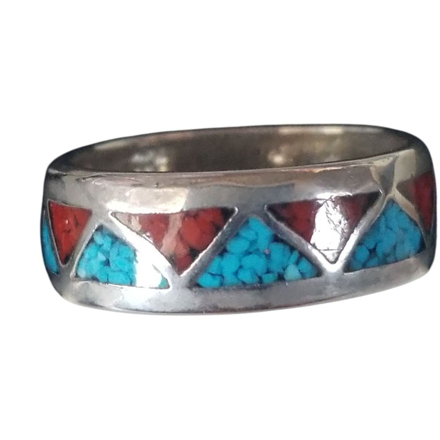 Ring Turquoise Red Blue  Silver 2.9 Gr 14.5 ct  Size 7 1/2 0.75  cm  x 0.25  cm  Triangle Shape Design in  Silver