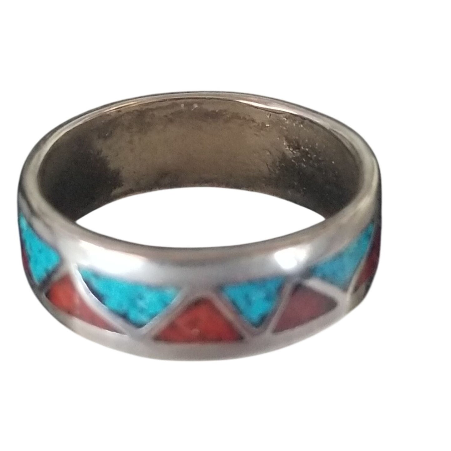 Ring Turquoise Red Blue  Silver 2.9 Gr 14.5 ct  Size 7 1/2 0.75  cm  x 0.25  cm  Triangle Shape Design in  Silver