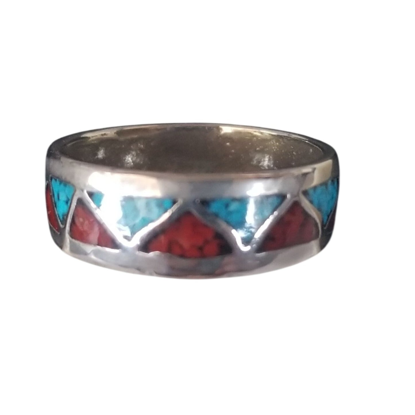 Ring Turquoise Red Blue  Silver 2.9 Gr 14.5 ct  Size 7 1/2 0.75  cm  x 0.25  cm  Triangle Shape Design in  Silver