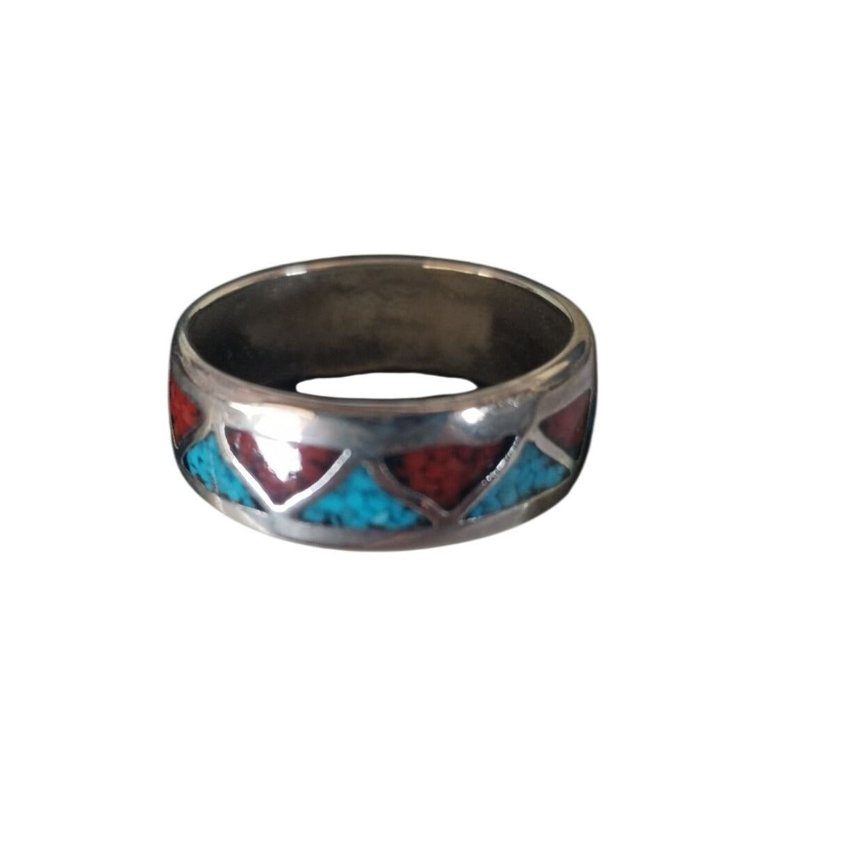 Ring Turquoise Red Blue  Silver 2.9 Gr 14.5 ct  Size 7 1/2 0.75  cm  x 0.25  cm  Triangle Shape Design in  Silver