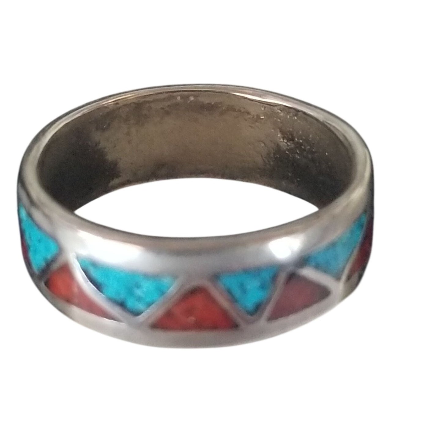Ring Turquoise Red Blue  Silver 2.9 Gr 14.5 ct  Size 7 1/2 0.75  cm  x 0.25  cm  Triangle Shape Design in  Silver