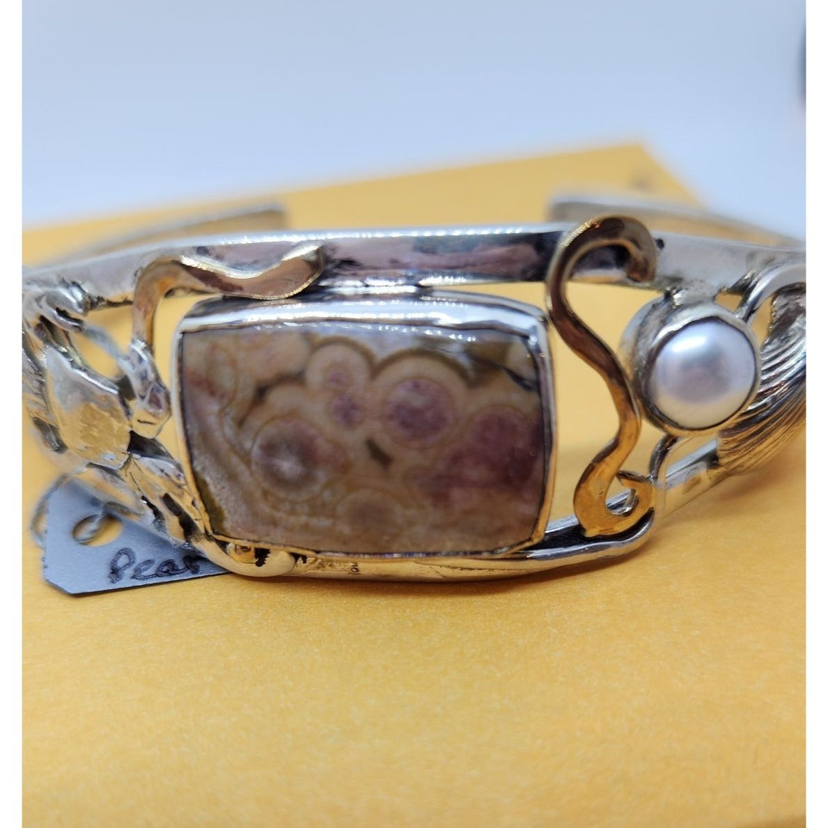 Bracelet Ocean Jasper Pearl Sterling Silver 14K Gold Accents Crab, Sea Shell ,