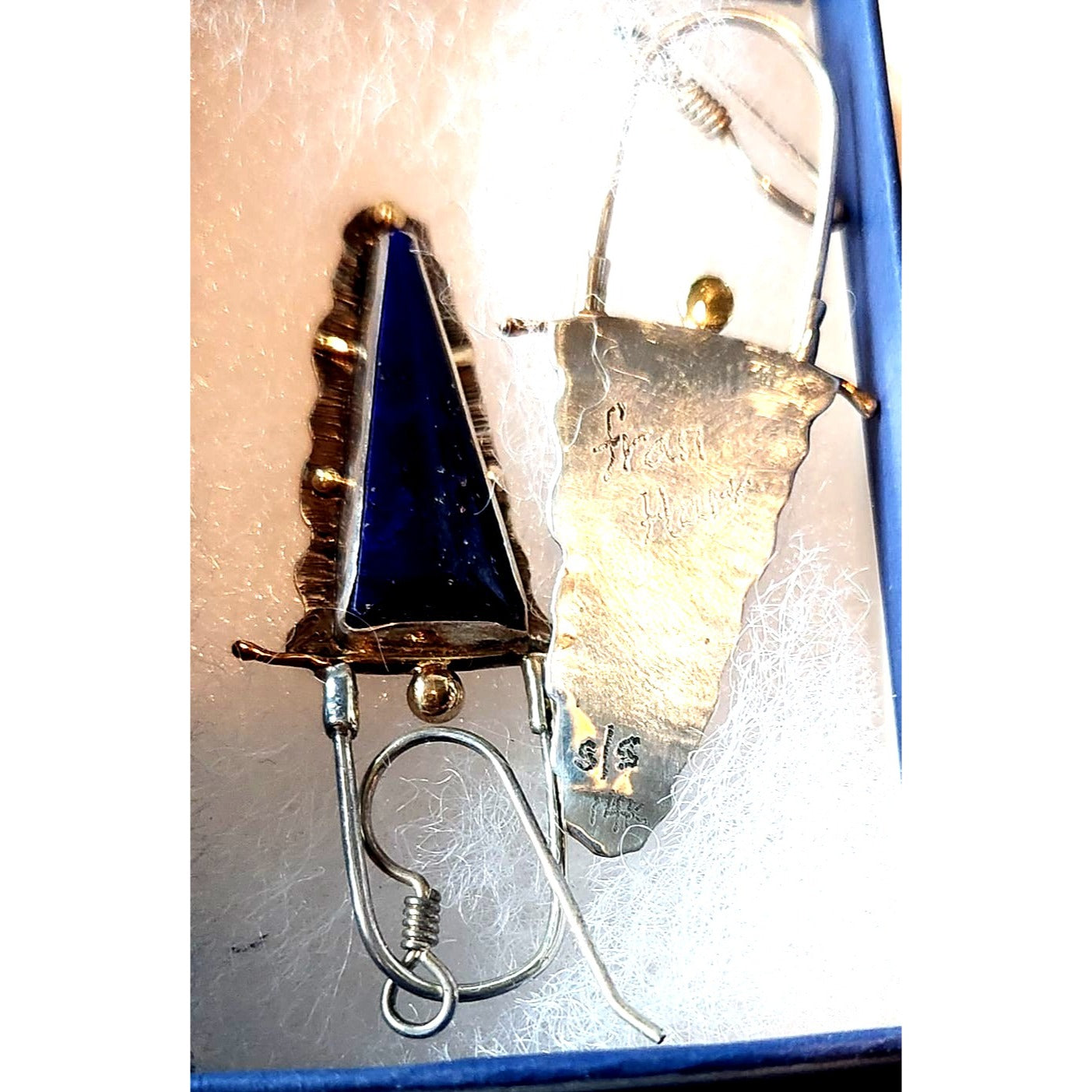 Earrings Natural Lapis Afghanistan 925 Silver 14K Gold 7.1 Gr 50mm x 20mmSilver Hooks