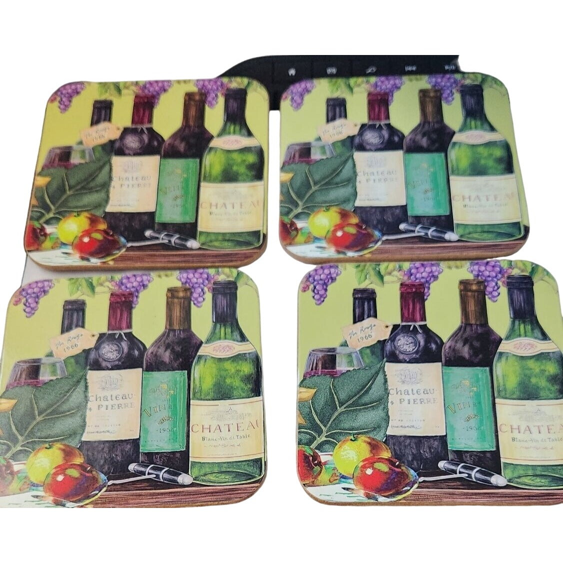 Coasters Wine Bottles Grapes Set of 4 Cork Backing Wood Glossy 3 1/2" x 3 1/2"