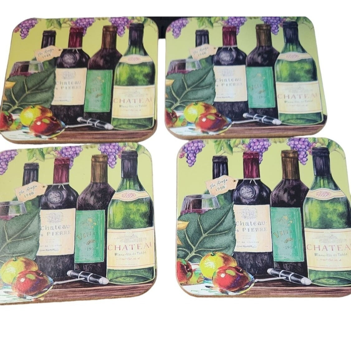 Coasters Wine Bottles Grapes Set of 4 Cork Backing Wood Glossy 3 1/2" x 3 1/2"