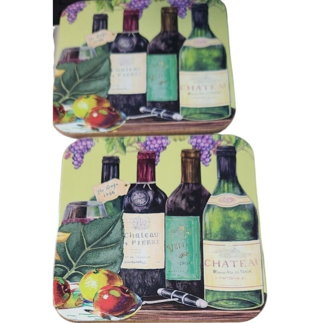 Coasters Wine Bottles Grapes Set of 4 Cork Backing Wood Glossy 3 1/2" x 3 1/2"