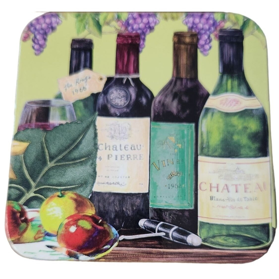 Coasters Wine Bottles Grapes Set of 4 Cork Backing Wood Glossy 3 1/2" x 3 1/2"