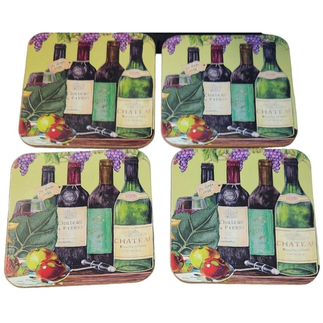 Coasters Wine Bottles Grapes Set of 4 Cork Backing Wood Glossy 3 1/2" x 3 1/2"