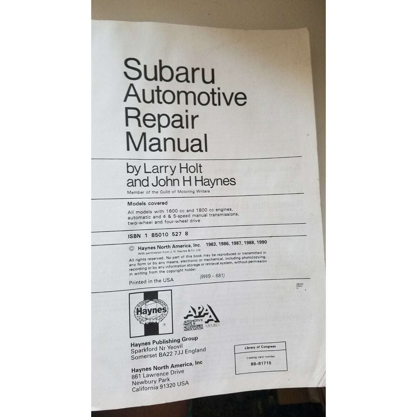 1980 - 1999  Haynes Subaru 1600 & 1800  Automotive Repair Manual Teardown