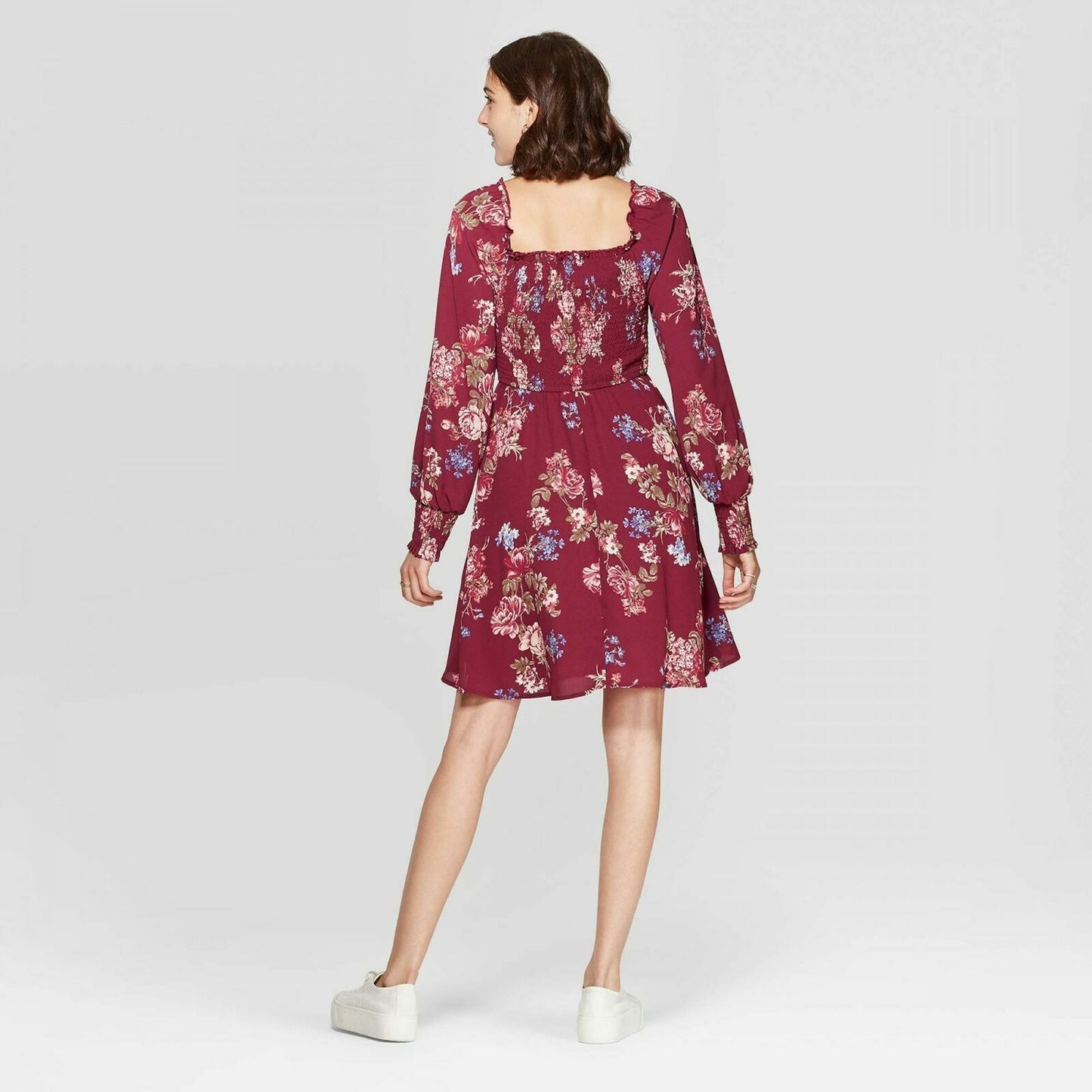 Dress Xhilaration Women's Size S Burgundy Floral Print Long Sleeve Square Neck