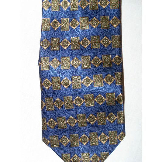 Tie Blue Gold Geometric Shape Row Savile Row Silk Made USA   58 " L   3 3/4 " W