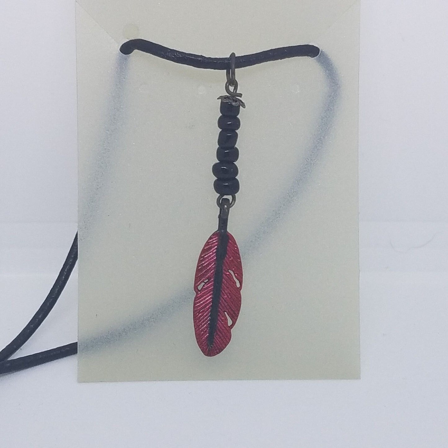 Necklace 1" Painted Red Feather Charm Black  Beads Black Leather Cord