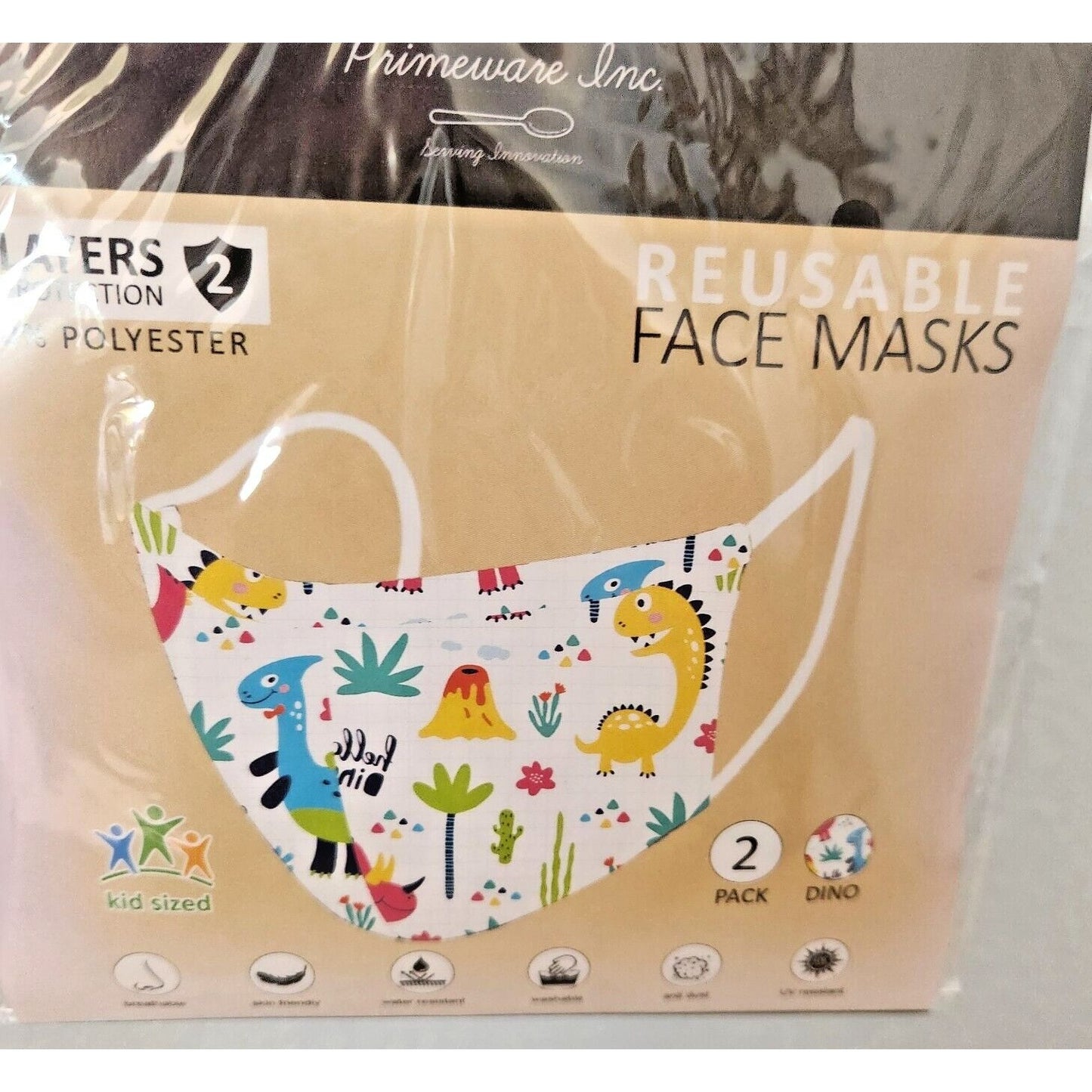Primeware Mask Dinosaur Design Kids 2 pack 2 layers 100 % Polyester Washable