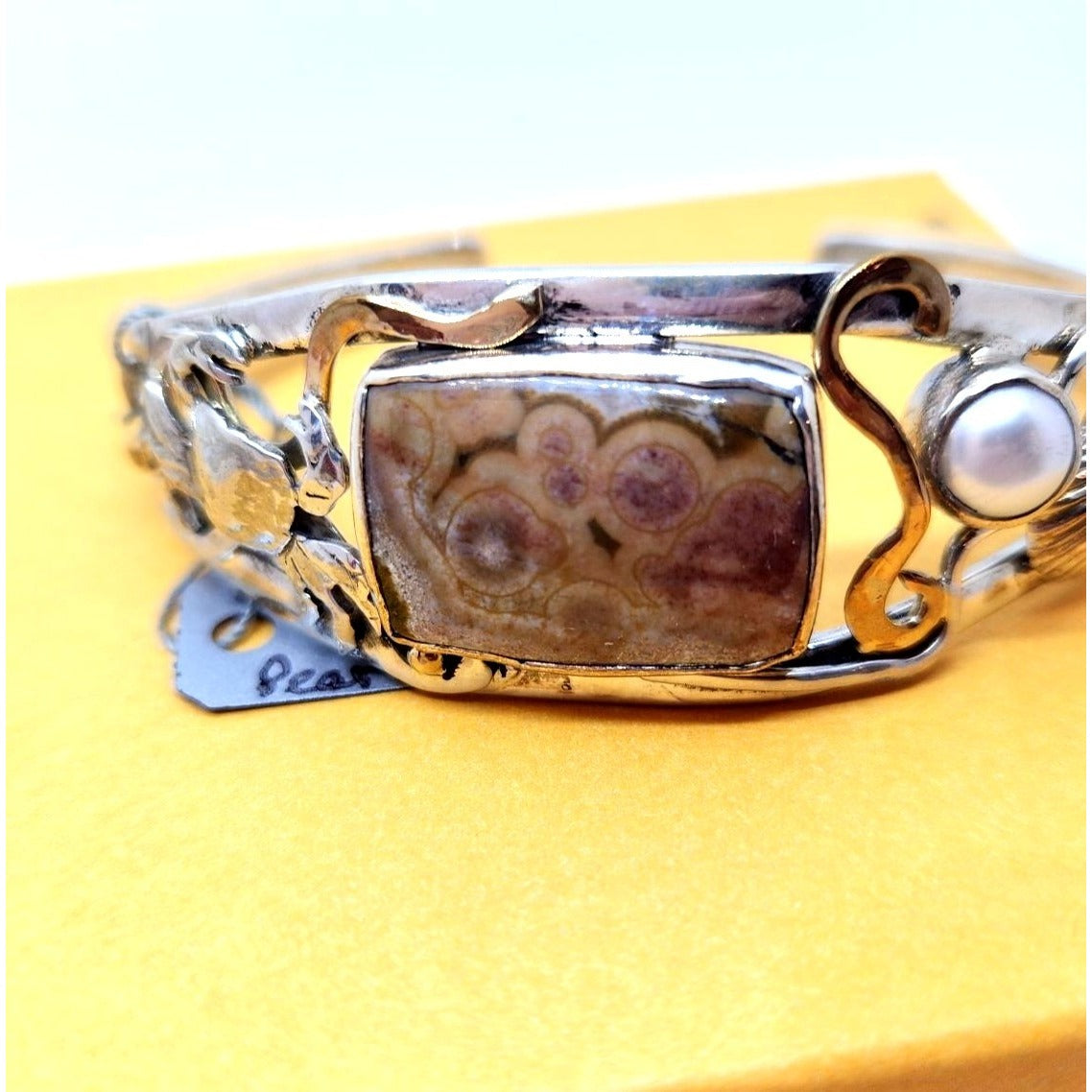 Bracelet Ocean Jasper Pearl Sterling Silver 14K Gold Accents Crab, Sea Shell ,