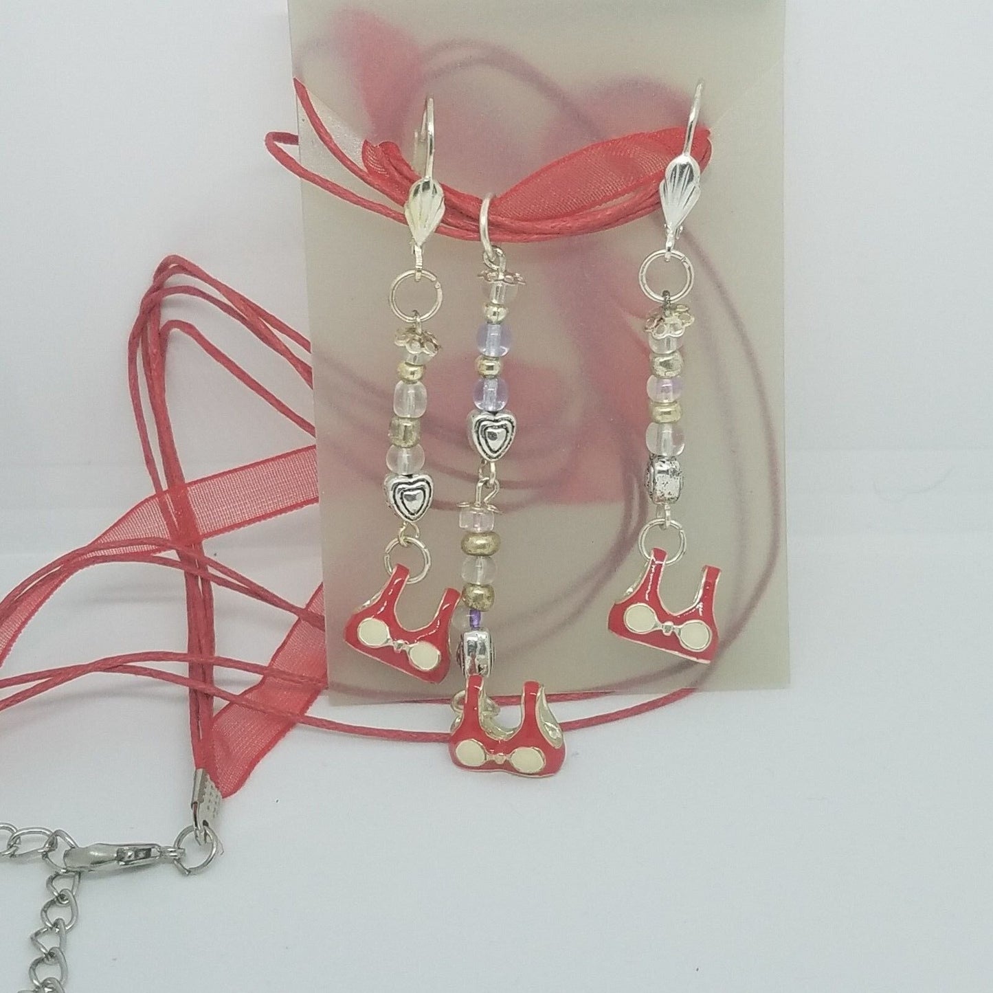 Necklace Earrings Bikini Bra Top 1/2 " Charm Clear Silver Beads Red Ribbon Cord