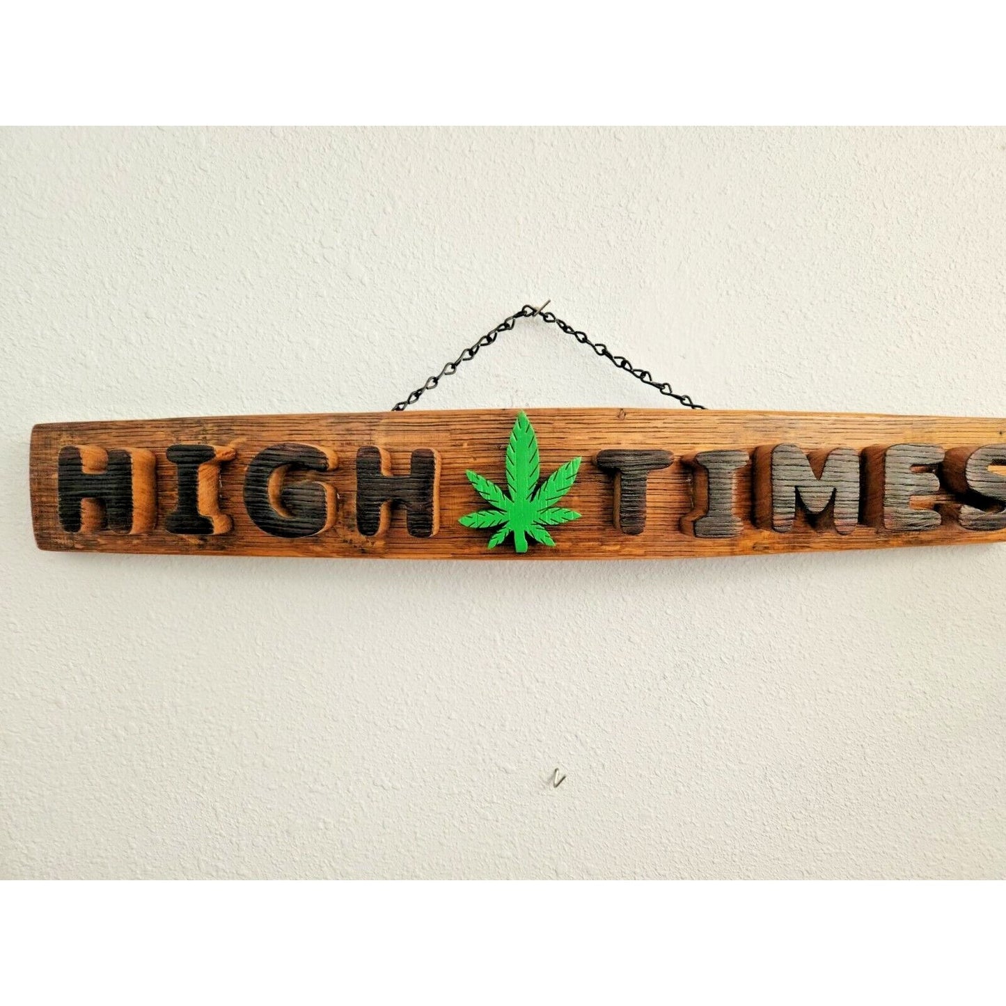 Wood Sign Wine Stave says "High Times  ", Letters, Leaf  Cut from Stave