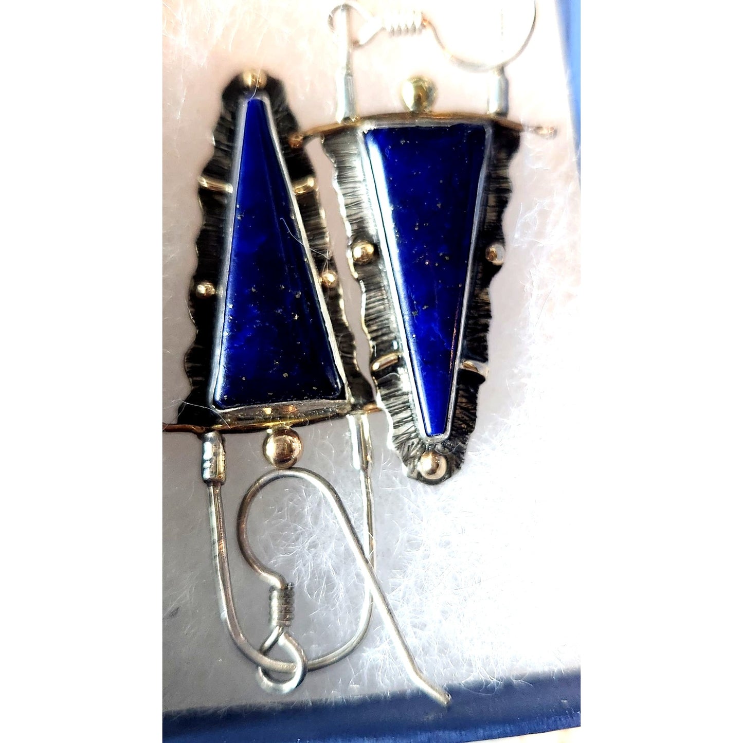 Earrings Natural Lapis Afghanistan 925 Silver 14K Gold 7.1 Gr 50mm x 20mmSilver Hooks