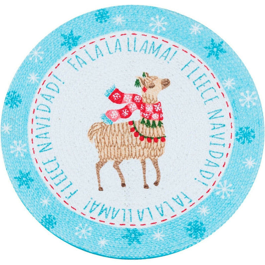 Kay Dee Designs Fa La La Llama Braided Round Placemat 14.5 "  White aqua blue