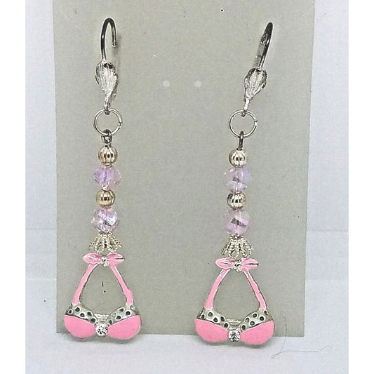 Earring Pink Bra Bikini Top 1/2 " Charm Silver Pink Bead Sterling Hooks