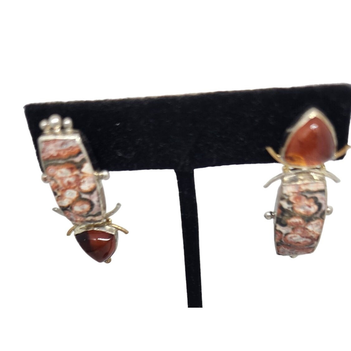 Amber & Jasper Earrings 9.3 gr  925 Silver 14k Gold Silver Post 40mm x 15mm Jerry & Fran Harr