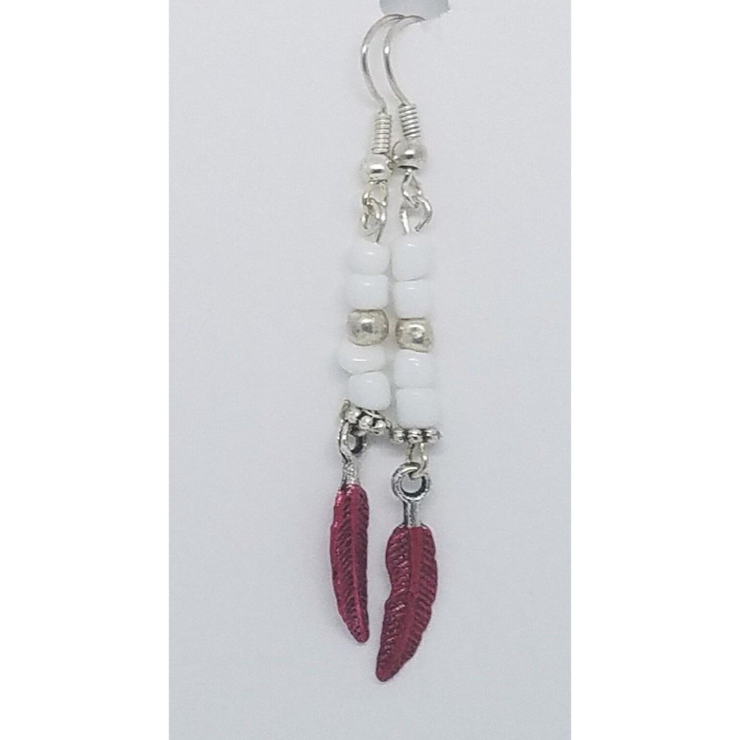 Earrings Small Painted Red Feather Charm Sterling Wire White & Silver Beads 2"