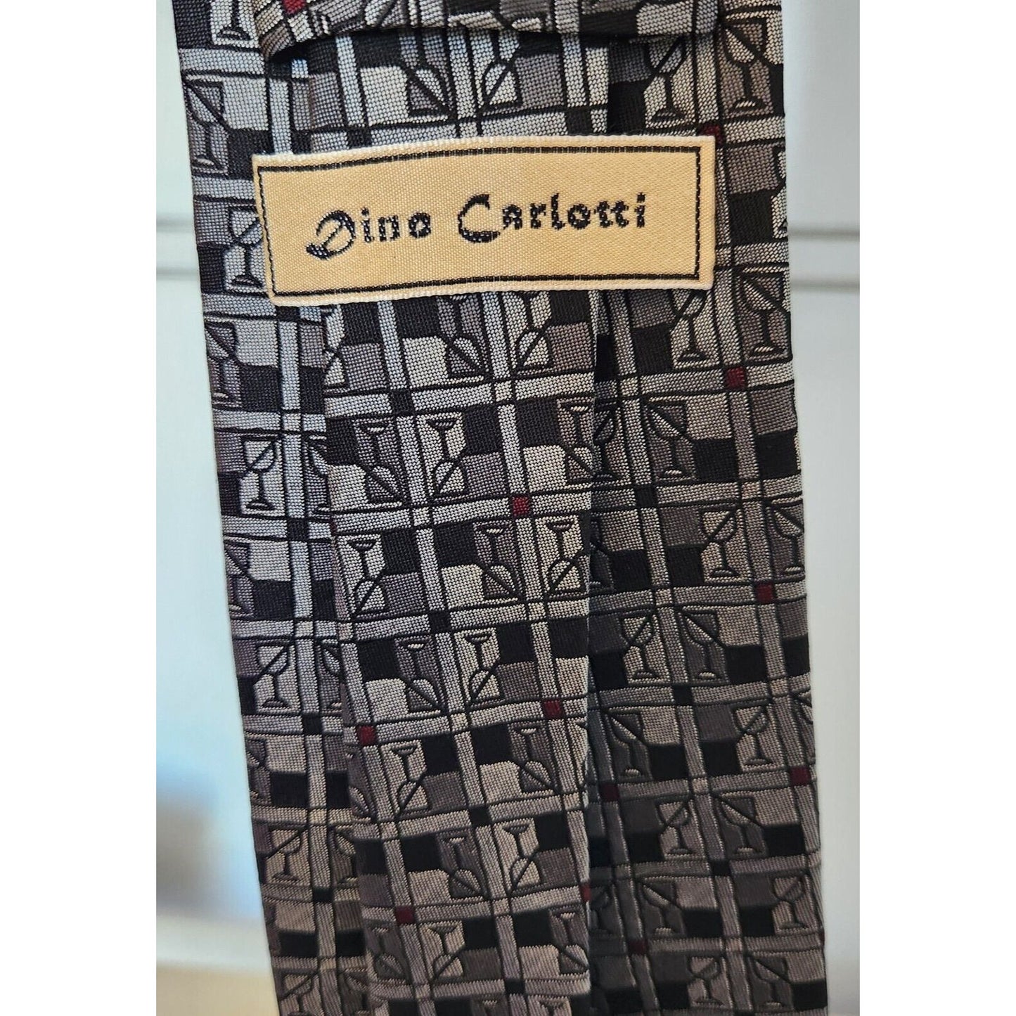 Silk Tie Brand Dino Carlotti Silver Stacked Wine Glasses 56" x 4"  100% Silk