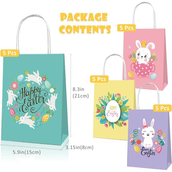 20 Pieces Happy Easter Day Treat Bags with Handles Large Goodie Gift Bags Recycled Cardboard Bags for Kids School Classroom Party Favor Supp