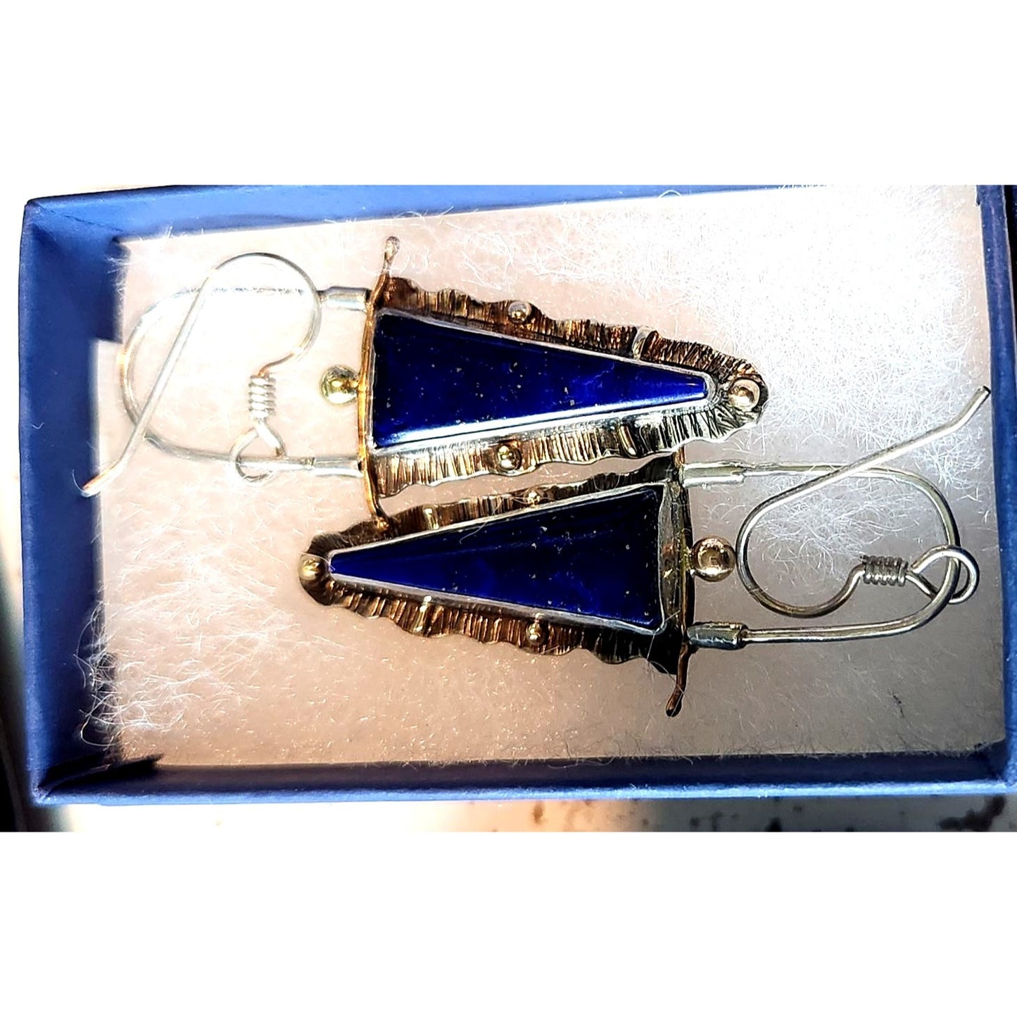 Earrings Natural Lapis Afghanistan 925 Silver 14K Gold 7.1 Gr 50mm x 20mmSilver Hooks