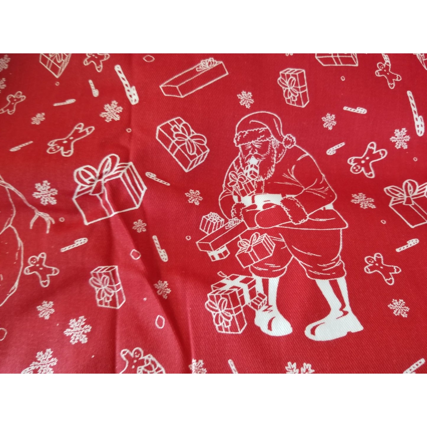 Material Red Christmas Santa Snowmen Reindeer Candy Canes Gifts 58" x 45"