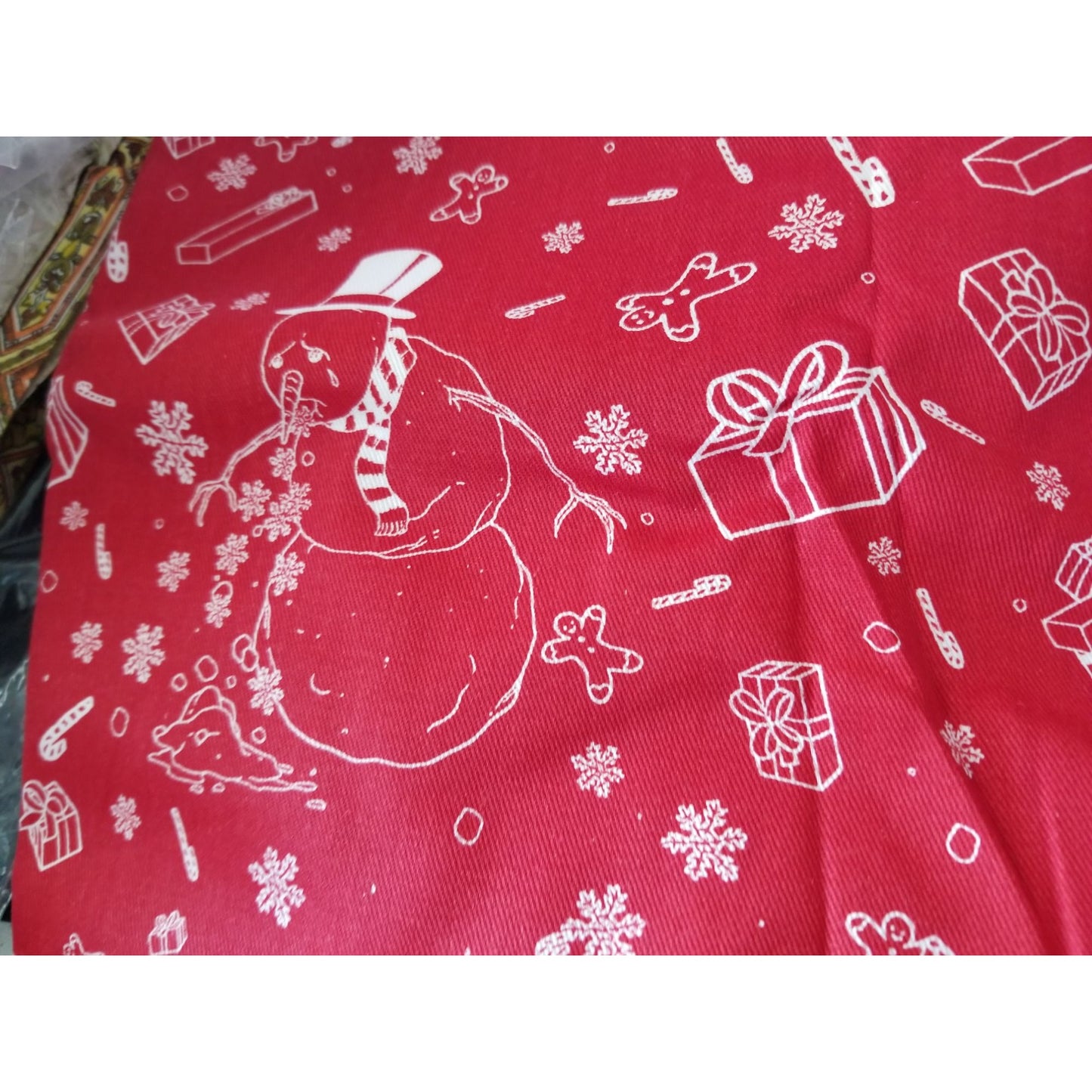 Material Red Christmas Santa Snowmen Reindeer Candy Canes Gifts 58" x 45"