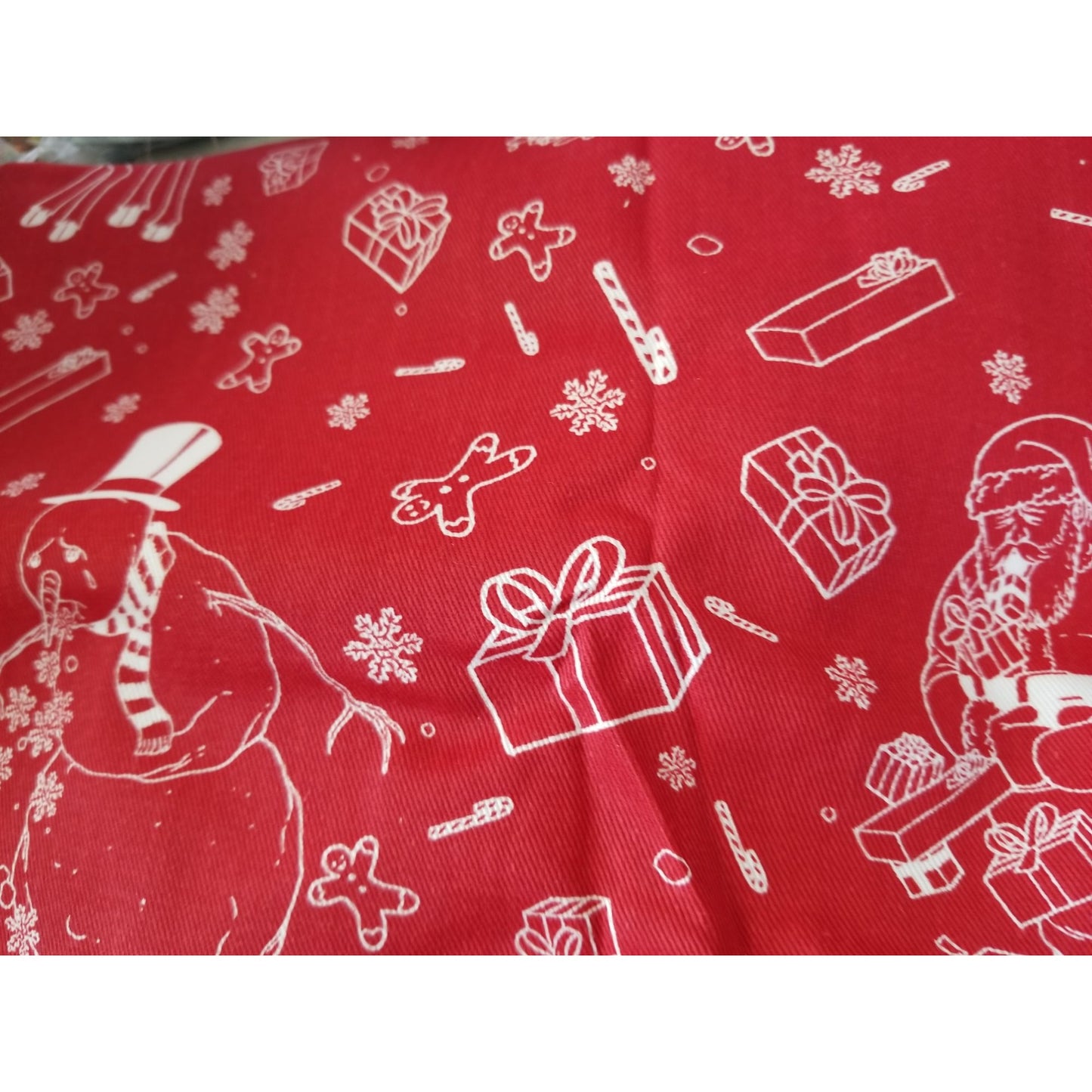 Material Red Christmas Santa Snowmen Reindeer Candy Canes Gifts 58" x 45"