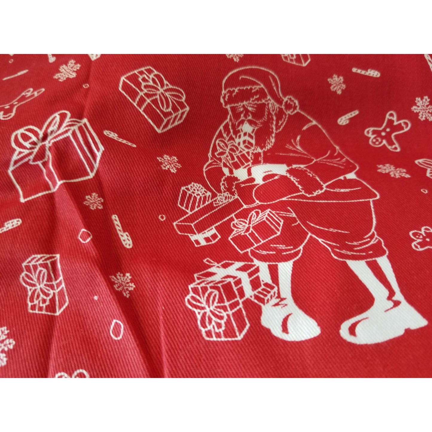 Material Red Christmas Santa Snowmen Reindeer Candy Canes Gifts 58" x 45"