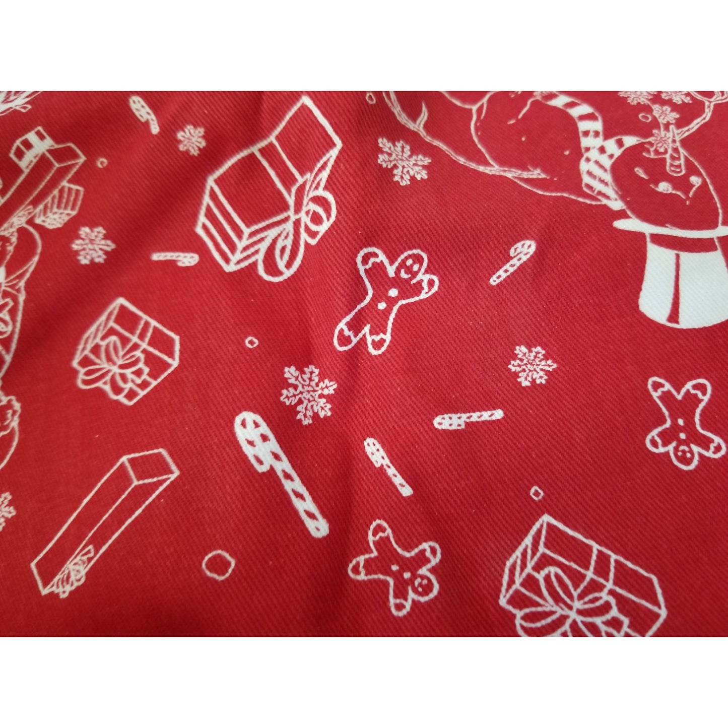 Material Red Christmas Santa Snowmen Reindeer Candy Canes Gifts 58" x 45"