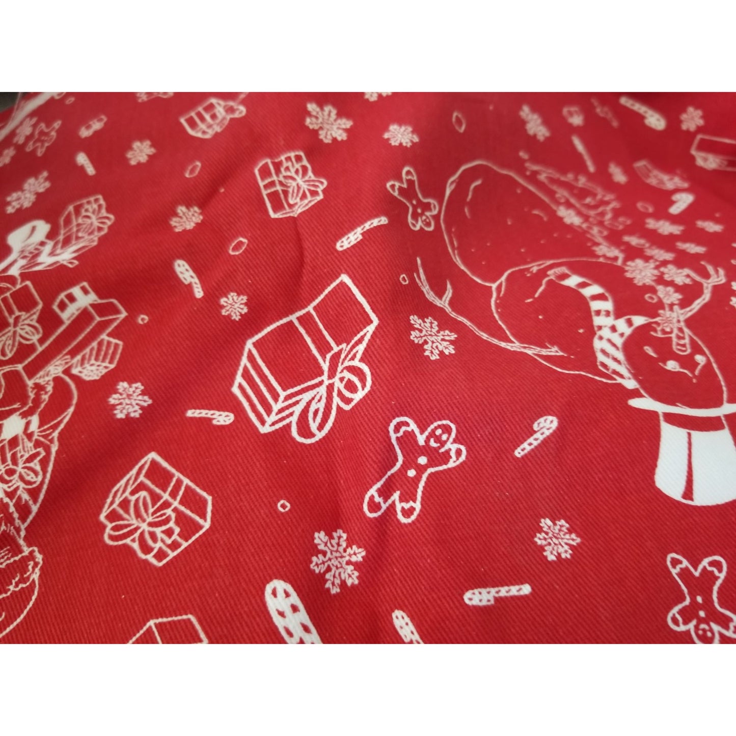 Material Red Christmas Santa Snowmen Reindeer Candy Canes Gifts 58" x 45"