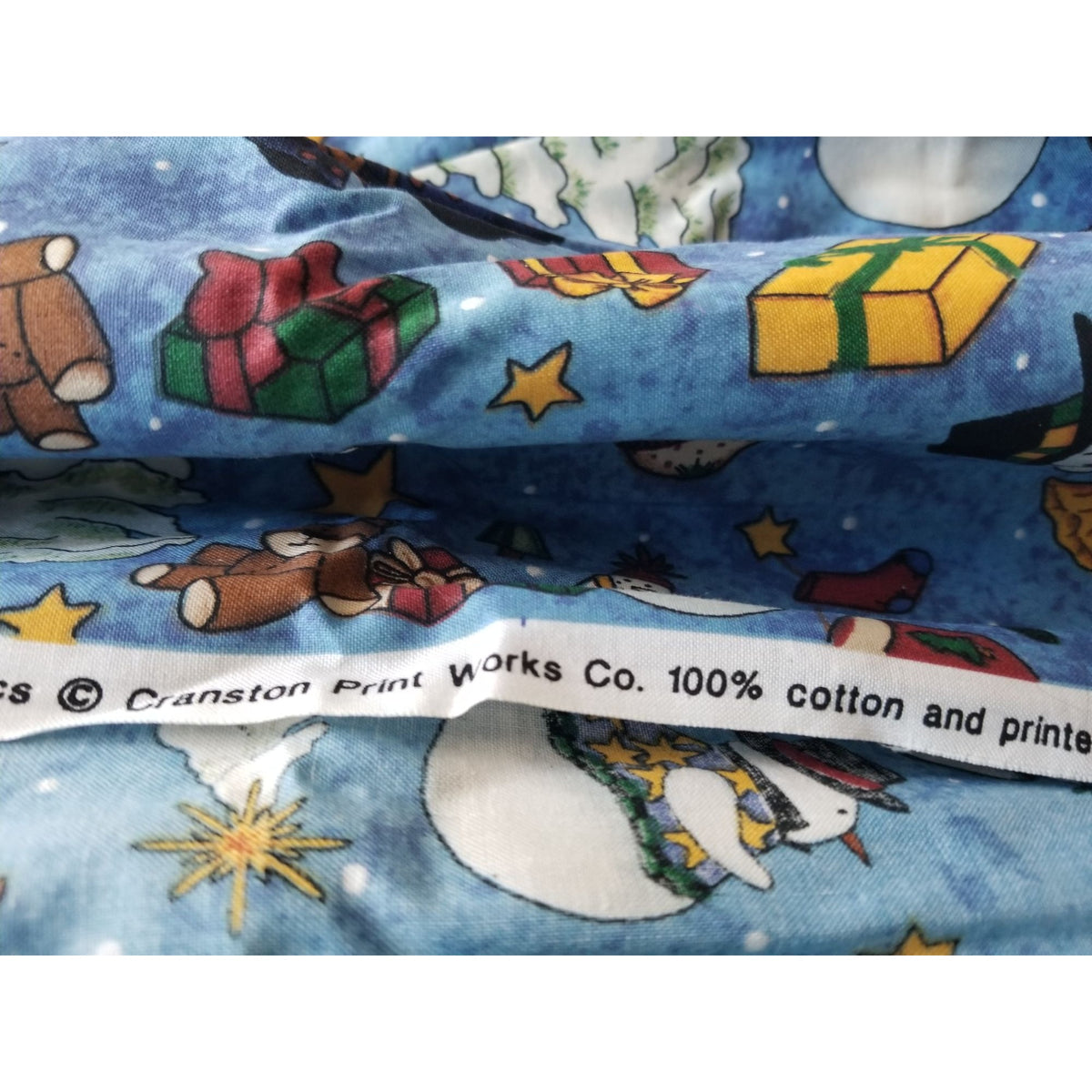 Material Keepsake  Cotton Blue Fabric Holiday Snowmen Tree Sars Gifts Teddy Bears Signs Stockings 2 Pcs  18:"x 36   20: x 22" JoAnn