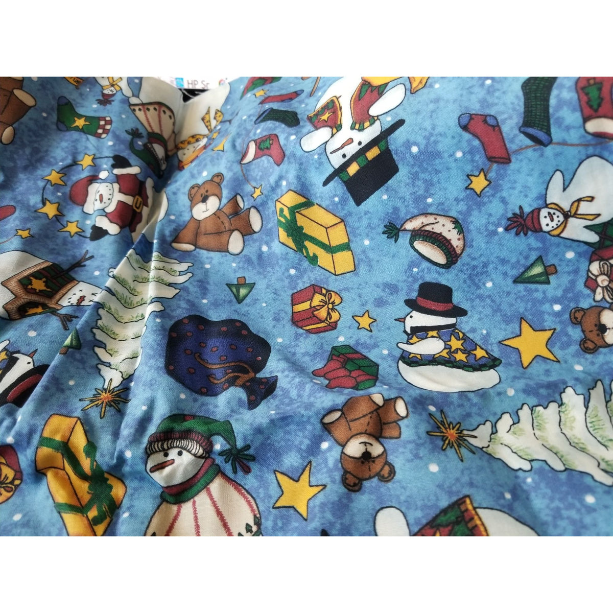 Material Keepsake  Cotton Blue Fabric Holiday Snowmen Tree Sars Gifts Teddy Bears Signs Stockings 2 Pcs  18:"x 36   20: x 22" JoAnn