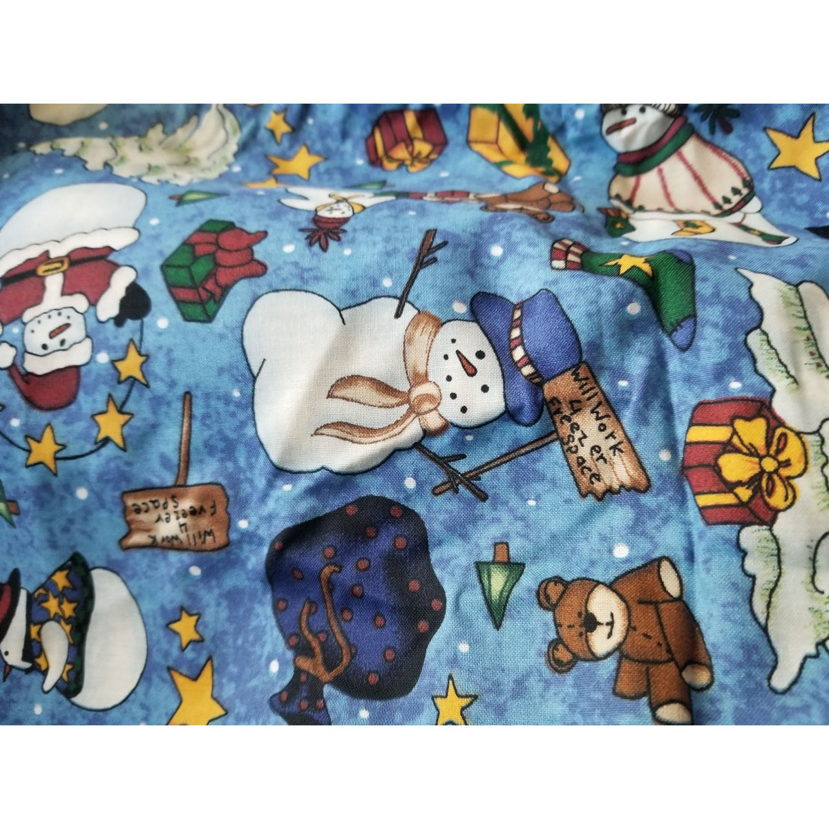 Material Keepsake  Cotton Blue Fabric Holiday Snowmen Tree Sars Gifts Teddy Bears Signs Stockings 2 Pcs  18:"x 36   20: x 22" JoAnn
