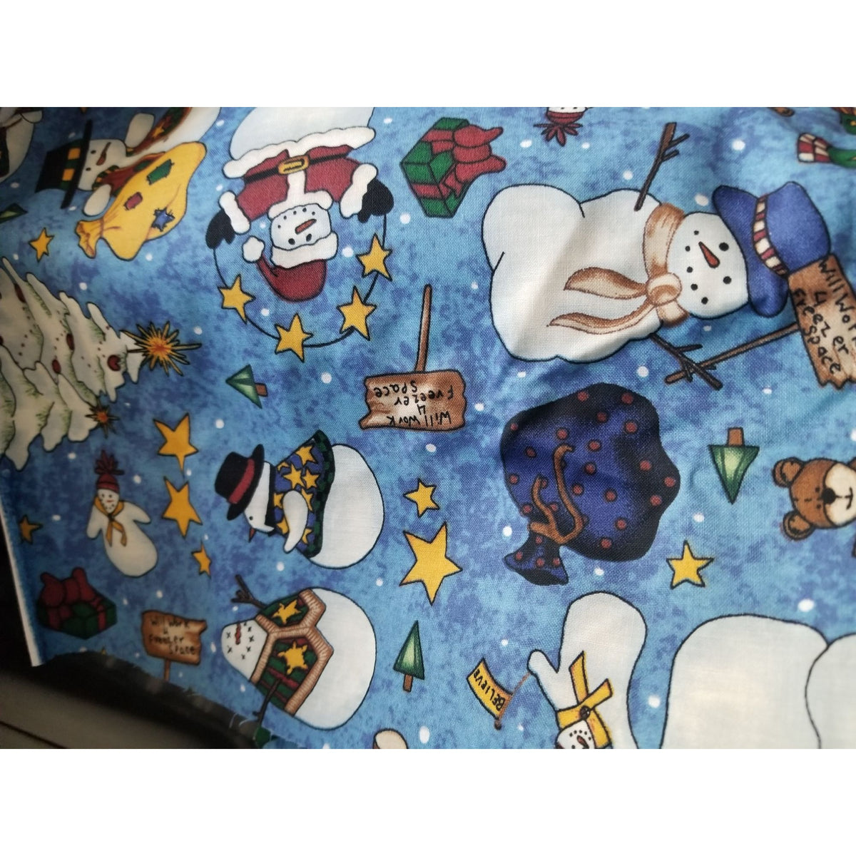 Material Keepsake  Cotton Blue Fabric Holiday Snowmen Tree Sars Gifts Teddy Bears Signs Stockings 2 Pcs  18:"x 36   20: x 22" JoAnn