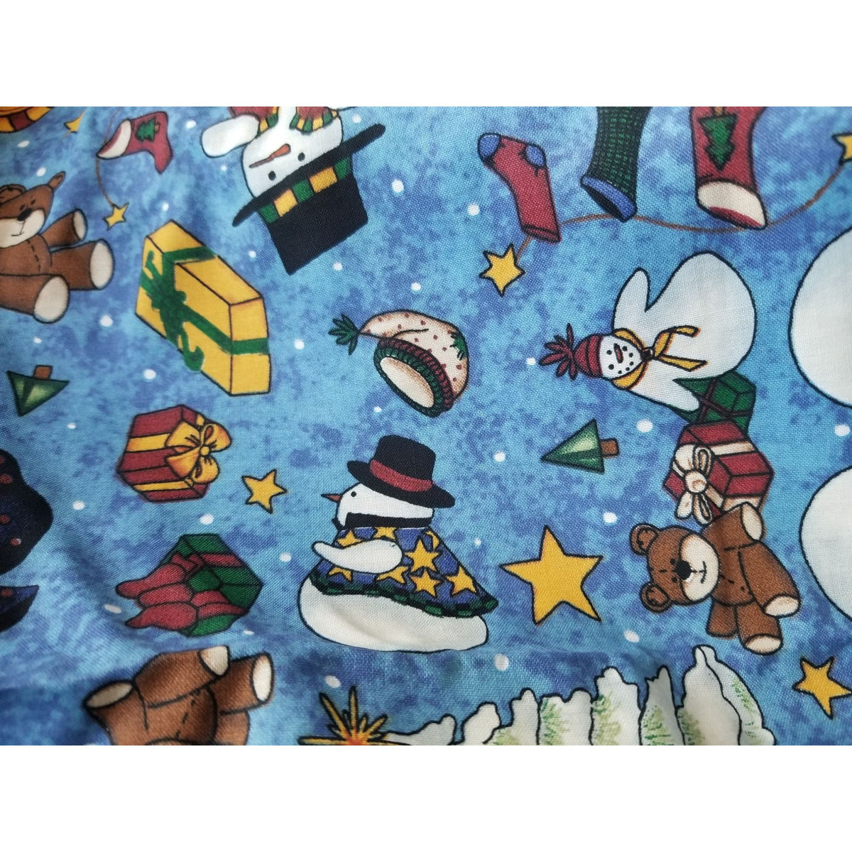 Material Keepsake  Cotton Blue Fabric Holiday Snowmen Tree Sars Gifts Teddy Bears Signs Stockings 2 Pcs  18:"x 36   20: x 22" JoAnn