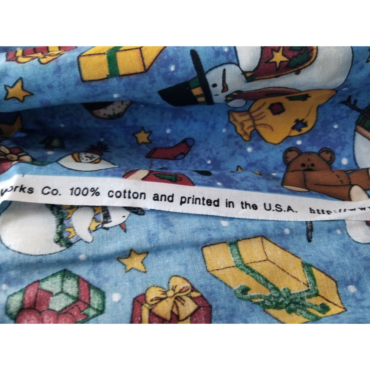 Material Keepsake  Cotton Blue Fabric Holiday Snowmen Tree Sars Gifts Teddy Bears Signs Stockings 2 Pcs  18:"x 36   20: x 22" JoAnn