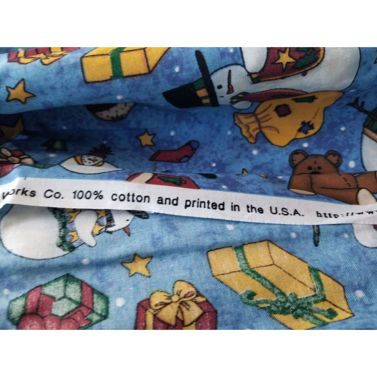 Material Keepsake  Cotton Blue Fabric Holiday Snowmen Tree Sars Gifts Teddy Bears Signs Stockings 2 Pcs  18:"x 36   20: x 22" JoAnn