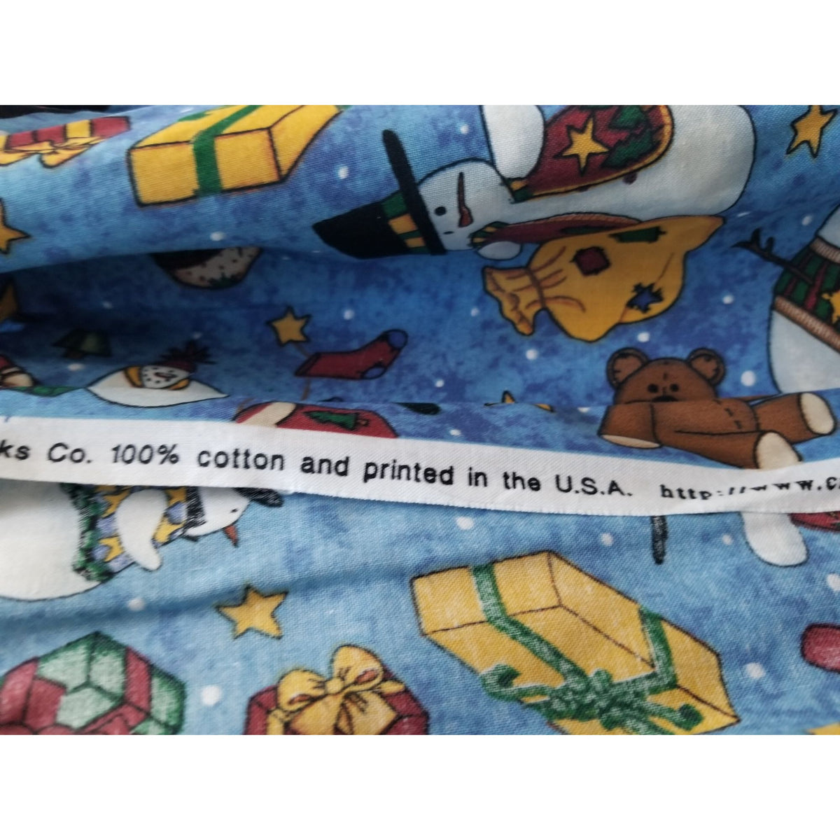 Material Keepsake  Cotton Blue Fabric Holiday Snowmen Tree Sars Gifts Teddy Bears Signs Stockings 2 Pcs  18:"x 36   20: x 22" JoAnn