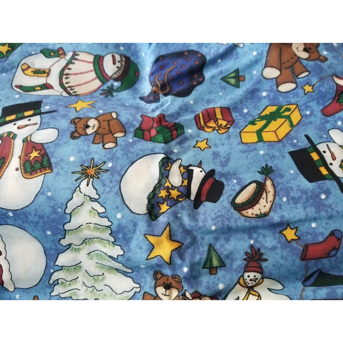 Material Keepsake  Cotton Blue Fabric Holiday Snowmen Tree Sars Gifts Teddy Bears Signs Stockings 2 Pcs  18:"x 36   20: x 22" JoAnn