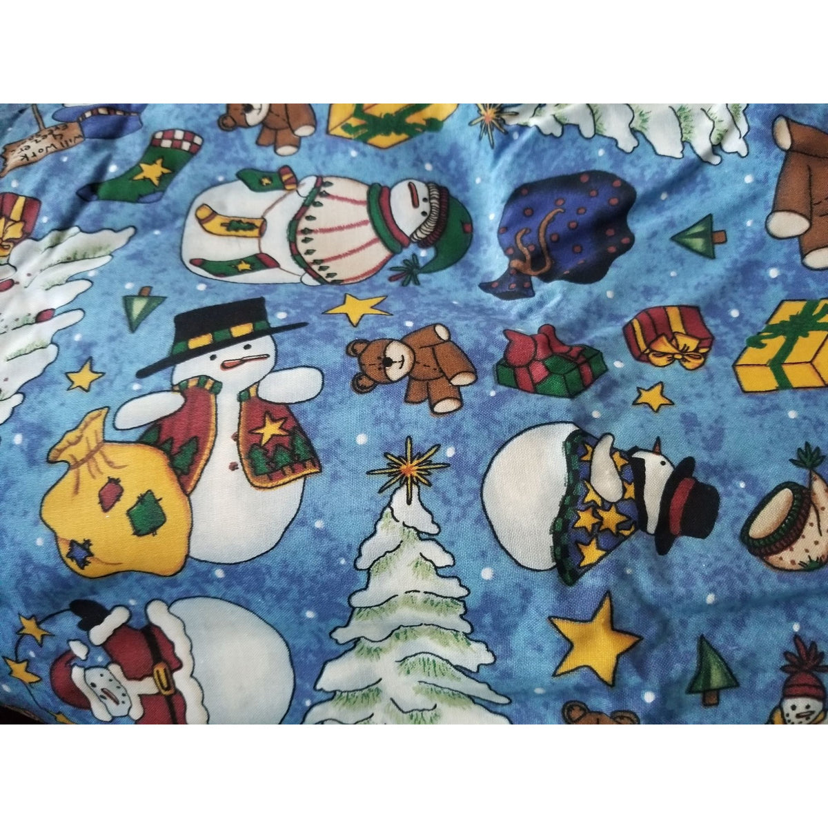 Material Keepsake  Cotton Blue Fabric Holiday Snowmen Tree Sars Gifts Teddy Bears Signs Stockings 2 Pcs  18:"x 36   20: x 22" JoAnn
