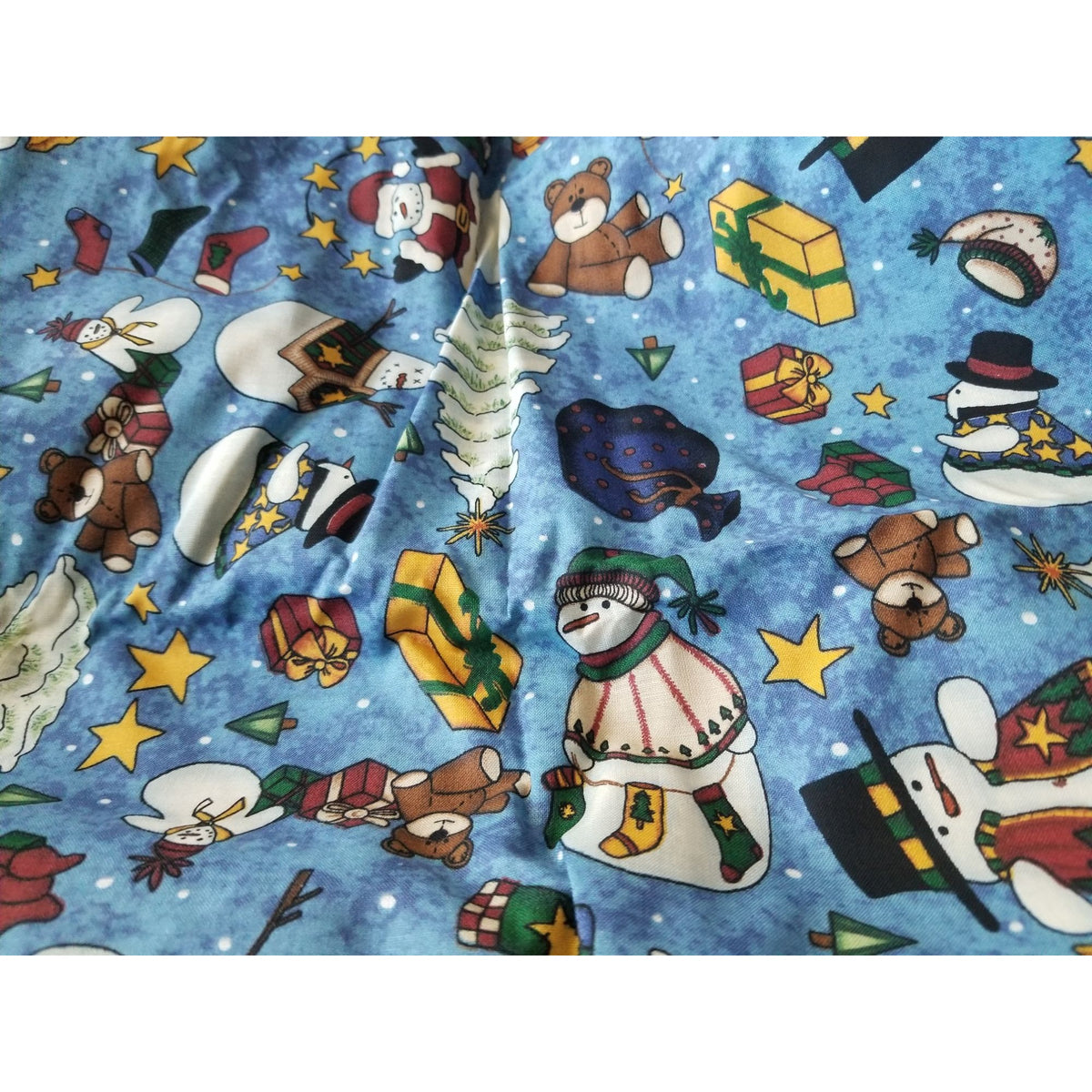 Material Keepsake  Cotton Blue Fabric Holiday Snowmen Tree Sars Gifts Teddy Bears Signs Stockings 2 Pcs  18:"x 36   20: x 22" JoAnn