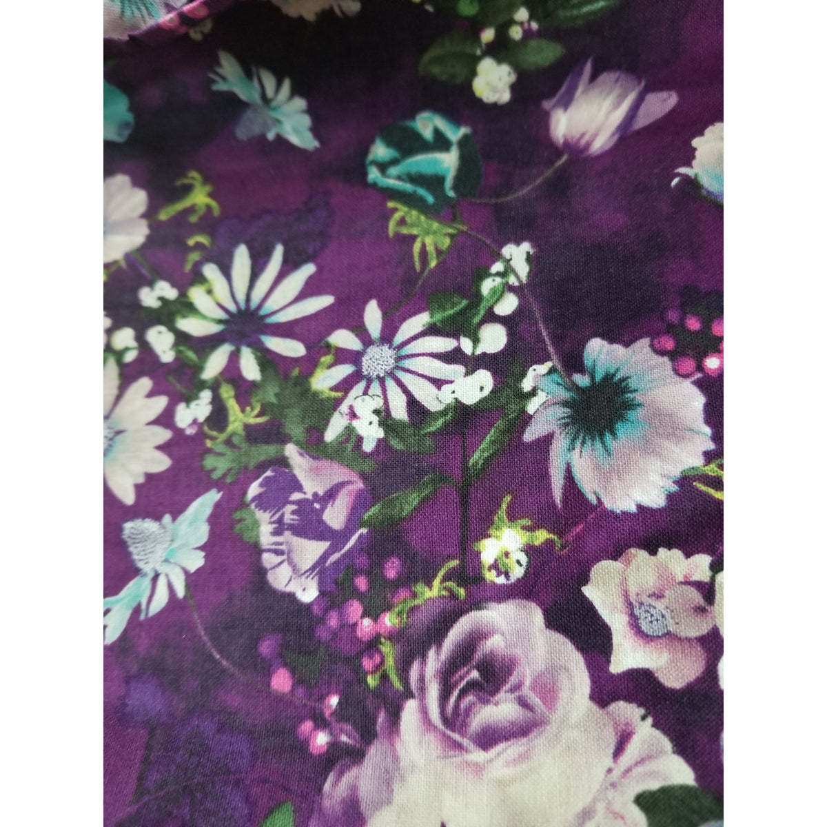 Material Dark Purple Fabric  JoAnn  Flowers Blue White  Green Leaves 44" x 72"  Cotton  2 Yrd Craft Clothing  Joann