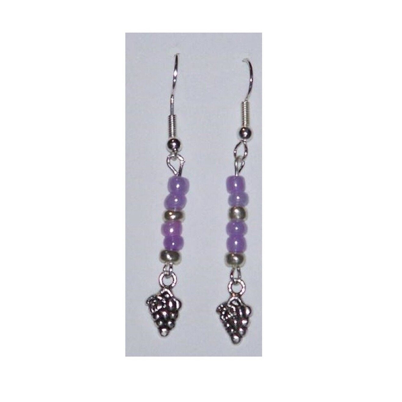 Earrings Small Grape Cluster Wine Charm Sterling Wire Purple & Silver Beads 2"