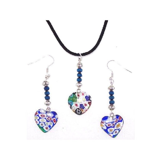 Necklace Earrings Set Blue Heart Flowers White Red Green Black Velvet Blue Bead