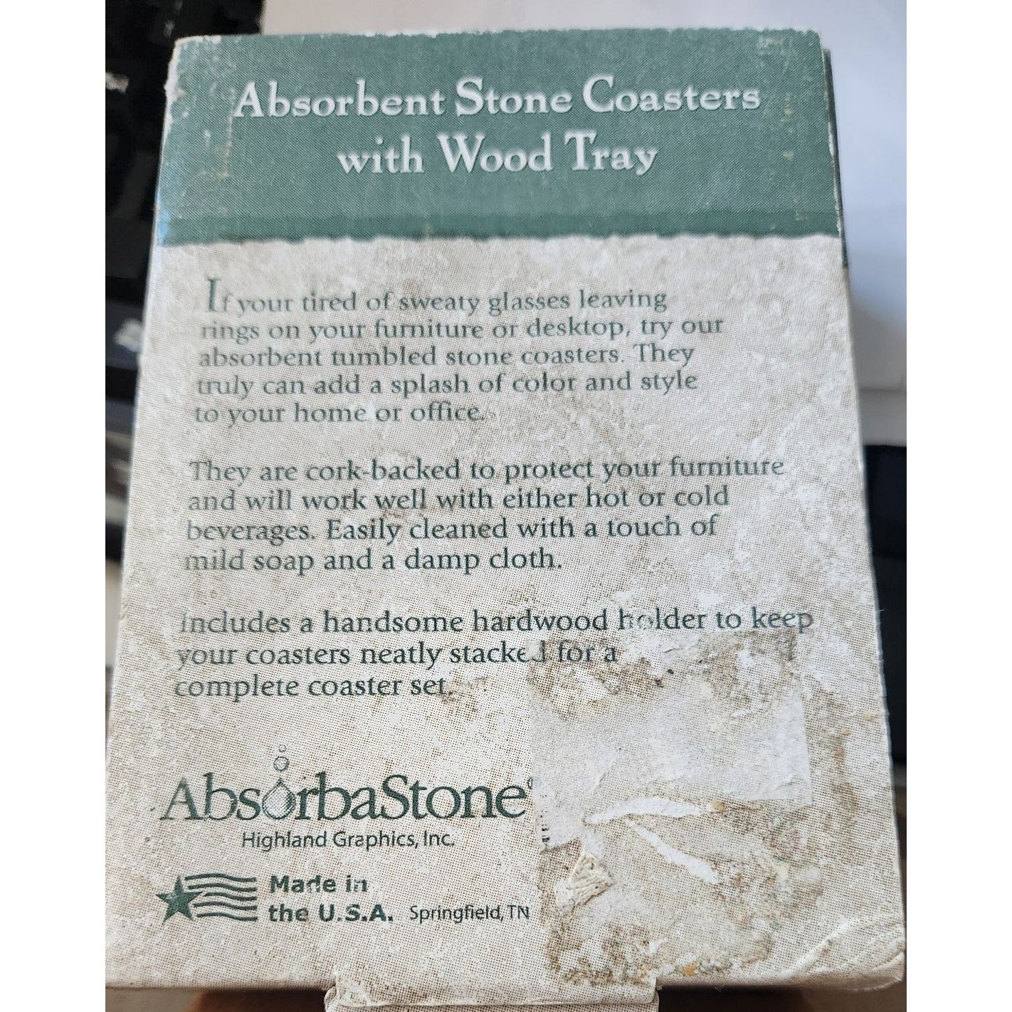 Absorbent Stone Coaster & Wood Tray Set of 4 Faberge Tiffany Cork Back