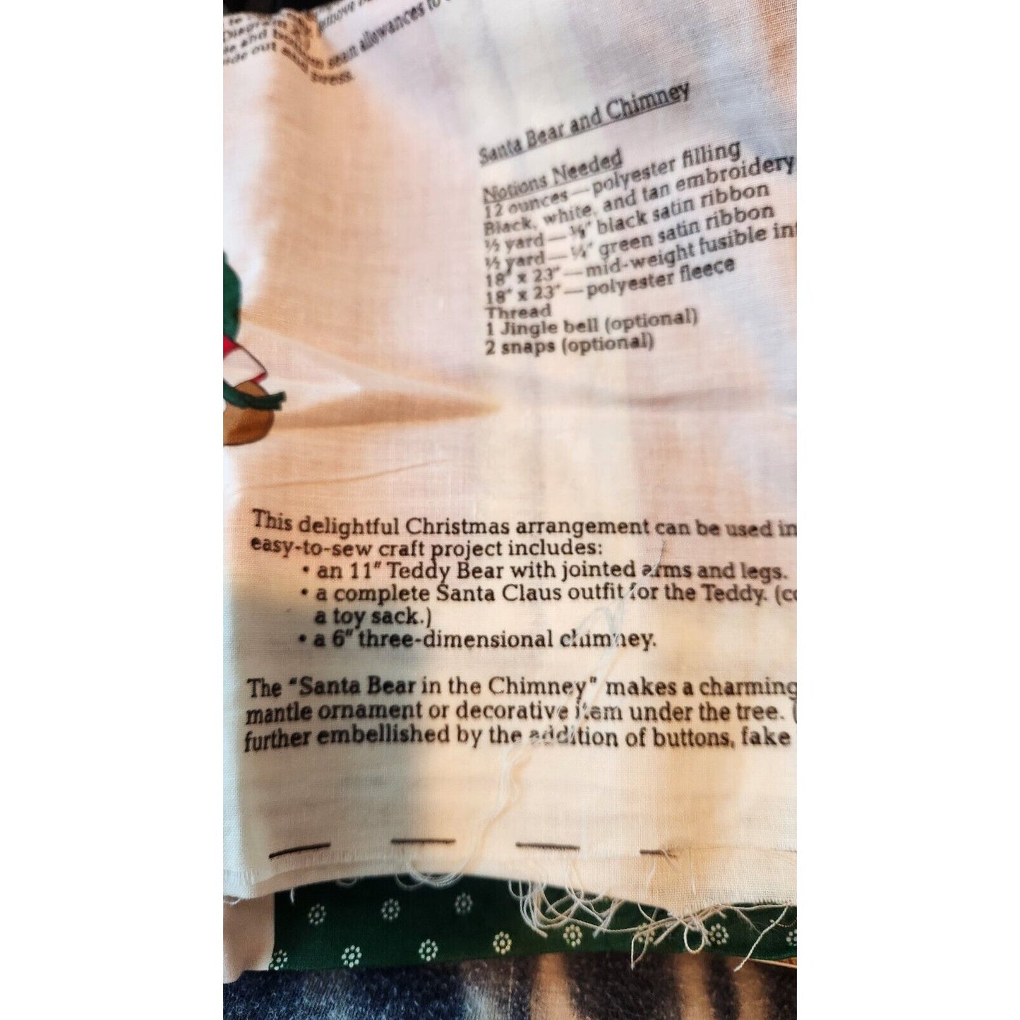 Material Fabric Christmas Santa Bear in Chimney Pattern Instructions